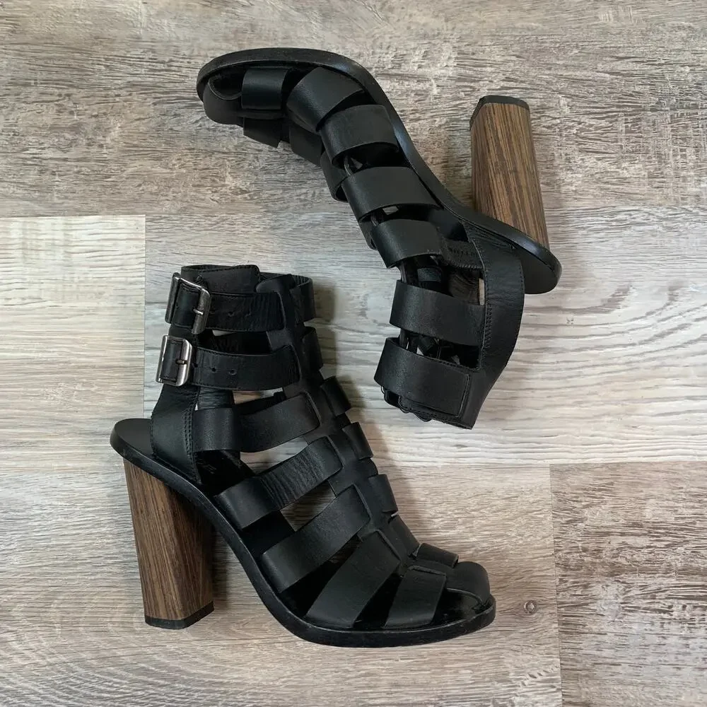 Vince Black Leather Strappy Gladiator Heels 5 Made in Italy Wood Heel